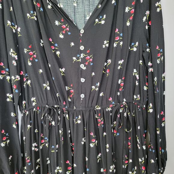 Loft Black Floral Cinch Waist Mini Dress Womens L Romantic Office Fairy Cottage - Picture 2 of 9